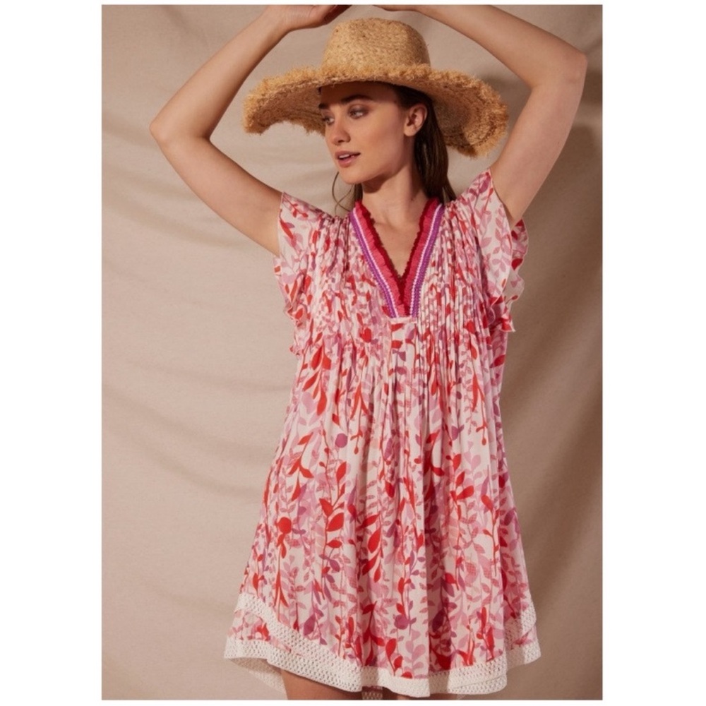 Poupette St Barth Sasha Mini Dress M Pink Esterel Fringe Floral Boho Resort